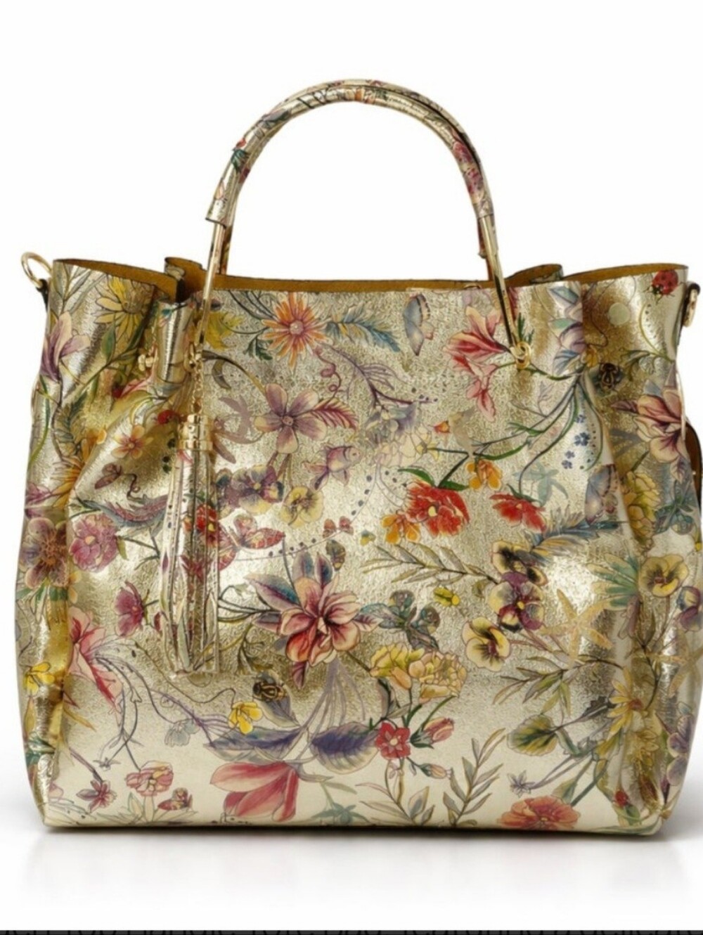 Floral Metallic Leather Bag with Tassel - Gold